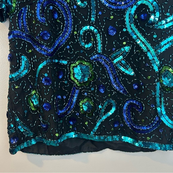 NWT Vintage Mark & John Gopal 100% Silk Sequin Blue/Green Short Sleeve Top Small - Picture 6 of 10